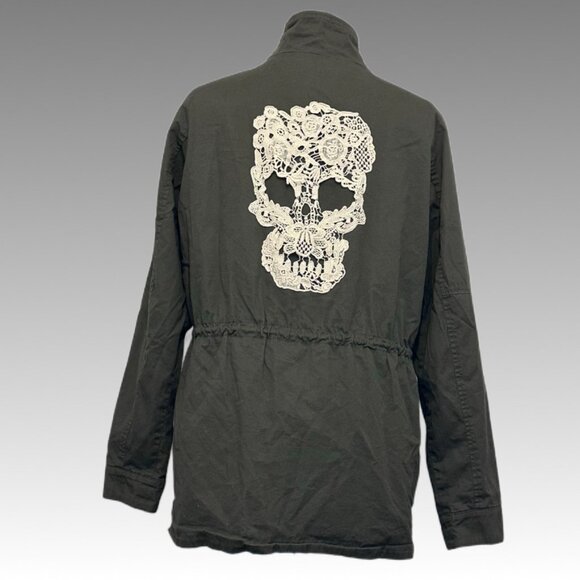 HOT TOPIC Skull Lace Military Jacket Green Gothic Punk Grunge Utility Coat. M - Picture 2 of 13